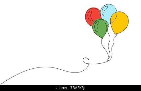 Ballon de célébration d'anniversaire, concept de décoration d'enfants de vacances. Bulles continues sur une ligne. Illustration vectorielle dessin d'une seule ligne sur le dos blanc Illustration de Vecteur