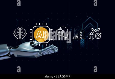 Main de robot futuriste tenant l'intelligence artificielle et les icônes de croissance d'entreprise, l'intelligence artificielle autonomisant la stratégie d'entreprise future Banque D'Images