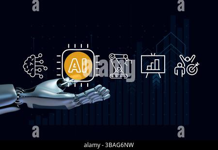 Main de robot futuriste tenant l'intelligence artificielle et les icônes de croissance d'entreprise, la technologie d'IA pour la croissance d'entreprise et les concepts d'innovation Banque D'Images
