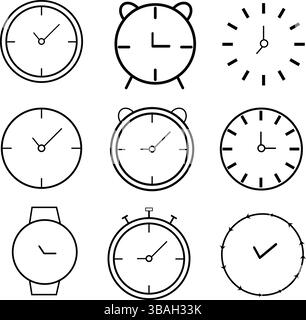Icônes de ligne d'heure et d'horloge. Contour modifiable. Pixel Perfect. Pour Mobile et Web. Collection de diverses illustrations d'horloge et de montre Illustration de Vecteur