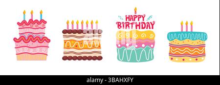 Ensemble clipart éléments gâteau joyeux anniversaire. Collection d'art clip de gâteau coloré d'anniversaire avec bougie et conception doodle de saveur assortie pour mariage Illustration de Vecteur