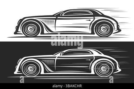 Logo vectoriel pour voiture rétro futuriste, bannières automobiles monochromes avec illustration d'art clip contour de voiture concept antique en mouvement, en cours d'exécution rétro Illustration de Vecteur