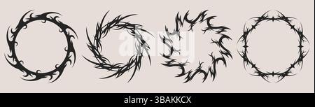 Cadres de cercle de tatouage tribal ensemble - bordures rondes faites de vignes d'épine pointues tourbillonnantes, boucles à pointes noires formant des anneaux. Éléments de conception vectorielle de motifs gothiques, timbre circulaire décoratif abstrait foncé Illustration de Vecteur