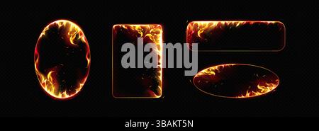 Collection de cadres de feu brûlants - éléments réalistes de bordure de flamme, ovale rouge jaune fumée, rectangle et formes géométriques flamboyantes rondes sur noir. Effet de lumière brûlante, atout de conception de jeu IGNITE. Illustration de Vecteur