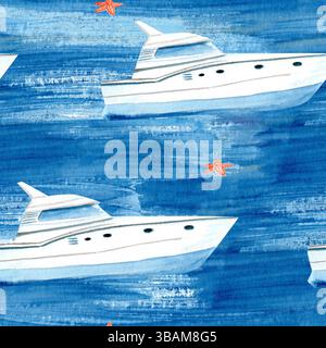 Motif sans couture d'aquarelle d'étoile de mer de yacht sur fond bleu texturé. Clip art peint à la main parfait pour le textile, le papier d'emballage, les bannières Banque D'Images