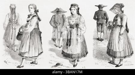 Robe typique des filles et des femmes de Souabe, sud-ouest de l'Allemagne, 19ème siècle. De Paris à Bucarest : discussions géographiques, par M V. Duruy, 1860. En vedette dans le Tour du monde, publié en 1862. Banque D'Images