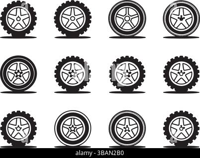 Icônes de jeu de pneus de roue de voiture noir et blanc Illustration de Vecteur