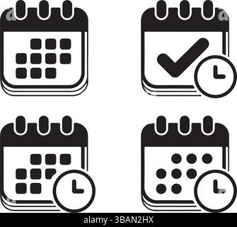 Noir calendrier date/heure icône gestion de l'heure définie Illustration de Vecteur
