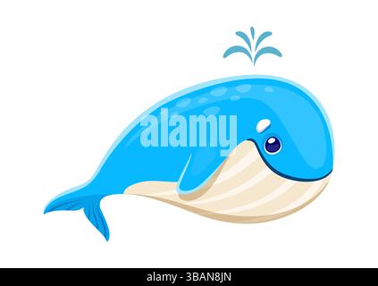 Personnage de baleine bleue de dessin animé avec visage souriant et éclaboussure d'eau. Vecteur isolé d'animal marin marin océanique. Mignonne créature marine avec un corps lisse et expressiv Illustration de Vecteur