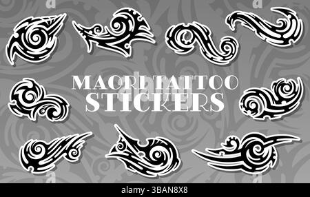 Pack de stickers tatouage tribal maori de motif géométrique polynésien. Ornements maoris ethniques traditionnels vectoriels de tourbillons blancs noirs abstraits. Ensemble d'autocollants de tatouage tribal des peuples autochtones polynésiens Illustration de Vecteur