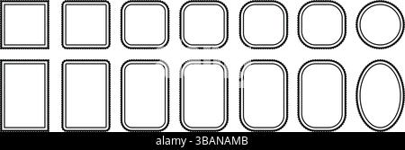 Explorez cet élégant ensemble de cadres à bords festonnés classiques avec bordures en dentelle aux formes carrées, circulaires et rectangulaires. Illustration de Vecteur