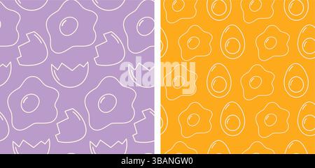 Beaux et colorés dessins d'oeufs dessinés à la main sur un fond minimaliste violet et orange vibrant. Motif de contour délicieux mettant en valeur des œufs sur des fonds vibrants de teintes violettes et oranges ensoleillées Illustration de Vecteur