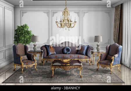 Rendu 3D intérieur de salon classique. ensemble de meubles Banque D'Images