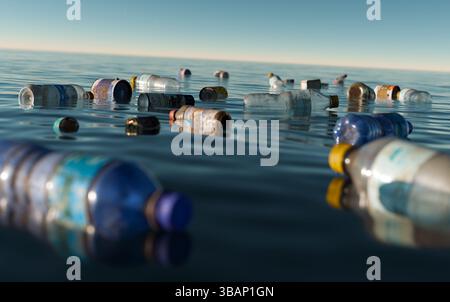 Bouteilles en plastique et déchets dans l'eau de la rivière. Pollution de l'environnement, animation 3D. Banque D'Images