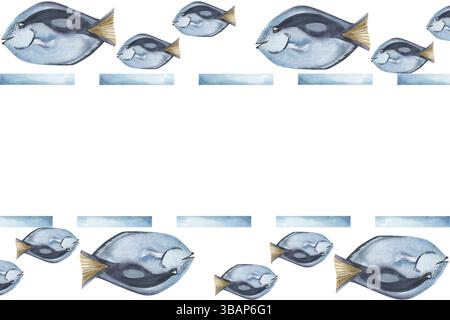 Bannière aquarelle de mer profonde avec illustration de poisson décoratif bleu aquarium. Cadre de créatures océaniques dessinées à la main, clipart marine et nautique pour carte, pos Banque D'Images