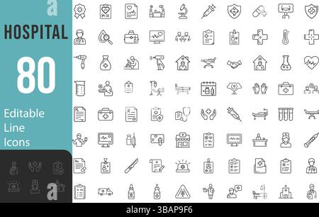 Collection d'icônes modernes éditables de médecine hospitalière de style ligne mince ensemble médecin, ambulance, traitement, pictogrammes, infographies et plus encore Illustration de Vecteur