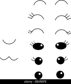 Ensemble yeux mignons féminins style manga Kawaii. Dessin des yeux de poupée, des yeux pour la mascotte. Beaux yeux avec des cils féminins. Illustration de Vecteur