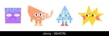Mascottes géométriques mignonnes ensemble isolé sur fond blanc. Illustration vectorielle de dessin animé de carré comique, demi-cercle, triangle, personnages d'étoile avec visage, Illustration de Vecteur