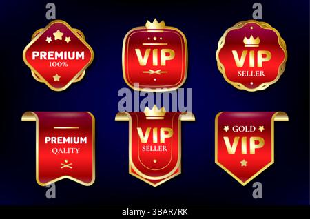 Premium VIP vendeur ruban rouge or de qualité scelle badges - couronne royale et bannière emblème étoile, ensemble de conception d'étiquette pour le contenu de produits premium Vector lux Illustration de Vecteur