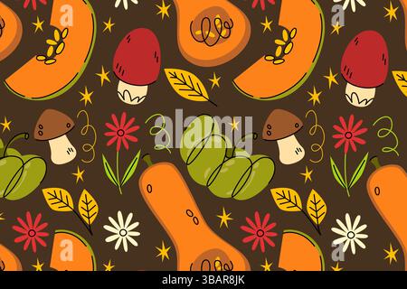 Modèle sans couture de récolte d'automne - citrouilles orange et champignons, feuilles et fleurs sur fond brun. Les légumes de saison colorés griffonnent en répétition Illustration de Vecteur