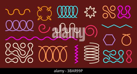 Ensemble coloré d'éléments de bobine de métaball et de ressort en spirale - vagues en zigzag flexibles, lignes emmêlées aléatoires ondulées, boucles et boucles. Formes organiques géométriques co Illustration de Vecteur