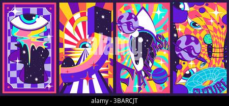 Ensemble d'affiches d'espace groovy - fonds de galaxie psychédélique, scène d'enlèvement d'OVNI, planètes en orbite autour d'étoiles. Bannières de voyage astral funky, tourbillons cosmiques patter Illustration de Vecteur