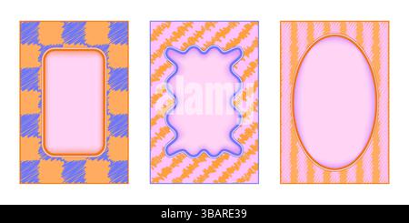 Ensemble de cadres ondulés à bordure groovy - motif rectangulaire à carreaux, fond griffonné diagonal avec bords courbes, forme ovale rayée verticale. Ret moderne Illustration de Vecteur