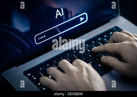 L'IA invite à générer du contenu ou du texte avec un ordinateur portable et l'intelligence artificielle. Utilisation du générateur d'images au travail. Chatbot ou robot de recherche virtuel. Banque D'Images