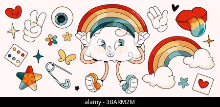Ensemble d'été arc-en-ciel rétro - personnage de nuage souriant gai avec rayures cintrées, lèvres avec la langue colorée et des gestes de la main, étoiles et formes de coeur, p Illustration de Vecteur