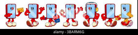 Ensemble de personnages de téléphone mobile de bande dessinée avec des bras, des jambes et des yeux - debout et marchant, agitant et écoutant de la musique, tenant l'enveloppe et la tasse à café. C Illustration de Vecteur