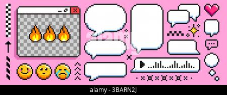 Ensemble de bulles de discours de pixel - formes de boîte de chat de style rétro 8 bits et icônes d'émoticône sur rose. Boîtes de texte carrées, bulles rondes, flammes de feu, étincelles a Illustration de Vecteur