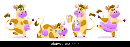 Personnages drôles de vache fixés isolés sur fond blanc. Illustration vectorielle de dessin animé d'animal de ferme mignon avec pis en cours d'exécution, couché, versant verre de mil Illustration de Vecteur