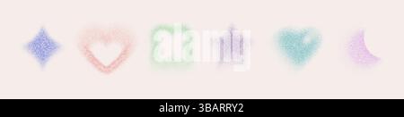 Formes granuleuses abstraites définies isolées sur fond blanc. Illustration réaliste vectorielle de coeur de couleur, étoile, lune, losange, figures de fleurs avec gradient Illustration de Vecteur