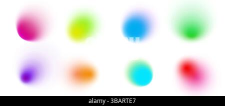 Fond abstrait dégradé avec des couleurs vives bleu, vert, jaune, rose et rouge. Flou doux, lueur néon et texture granuleuse. Formes transparentes fluides avec effet ombre. Esthétique tendance de l'an 2000. Illustration de Vecteur