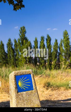 Jalon avec coquille Saint-Jacques jaune, symbole du camino de santiago, indiquant le chemin de saint-jacques-de-compostelle Banque D'Images
