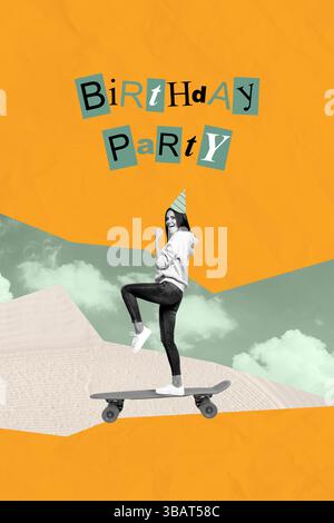 Collage de personne surprise joyeuse avec fond lumineux et lettres de célébration de fête d'anniversaire cadeaux fleurs cadeaux Banque D'Images