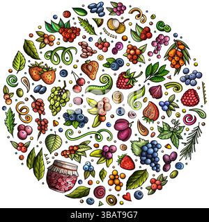 Dessins animés Berry fruits objets et symboles doodle composition ronde Illustration de Vecteur
