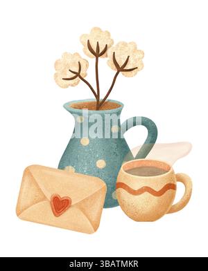 Cozy nature morte avec tasse à café de fleurs de coton et enveloppe dans un style rustique Banque D'Images