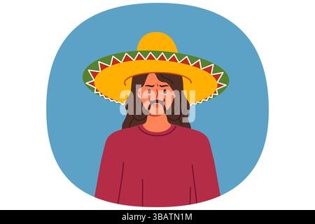 Chapeau sombrero mexicain est sur la tête de femme faisant moustache hors des cheveux et montrant grimace drôle Illustration de Vecteur
