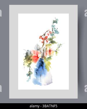 Bouquet de fleurs sauvages et branches d'arbres en fleurs dans un vase en verre sur impression. Illustration aquarelle Illustration de Vecteur