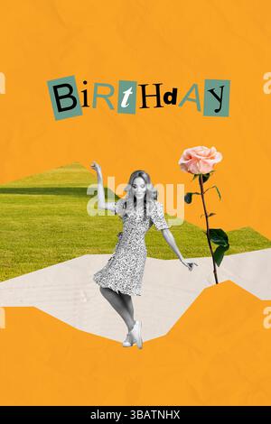 Collage de personne surprise joyeuse avec fond lumineux et lettres de célébration de fête d'anniversaire cadeaux fleurs cadeaux Banque D'Images