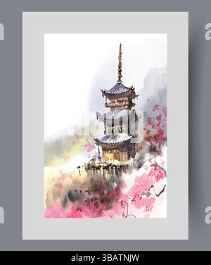 Pagode japonaise construite à flanc de montagne parmi les branches de sakura sur le mur latéral Illustration aquarelle Illustration de Vecteur
