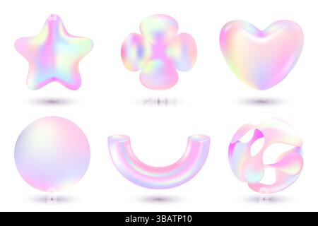 Formes géométriques holographiques brillantes 3d isolées sur fond blanc. Éléments de conception en plastique brillant abstrait pour bannière, brochure, affiche. Vecteur i Illustration de Vecteur