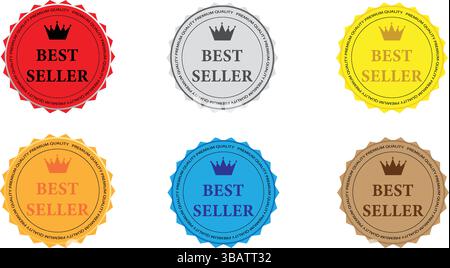 Ensemble de badges multicolores Best Seller avec icônes de la couronne Illustration de Vecteur
