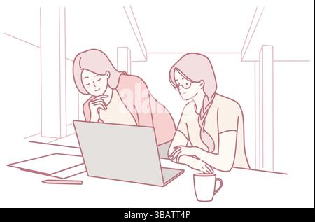 Deux femmes sont engagées dans une discussion animée tout en travaillant en collaboration sur un ordinateur portable dans un espace de bureau confortable Illustration de Vecteur