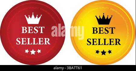 Badges du cercle des meilleures ventes rouge et jaune brillant avec couronnes et étoiles Illustration de Vecteur