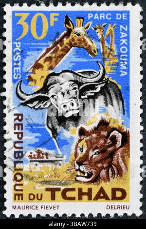 Timbre-poste oblitéré imprimé par Chad, qui montre des animaux dans le parc national de Zakouma, vers 1965. Banque D'Images