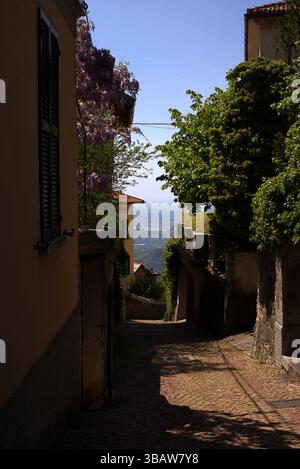 Charmante ruelle étroite avec chemin pavé, wisteria fleurie, et vue panoramique sur la vallée dans un village italien calme à flanc de colline Banque D'Images