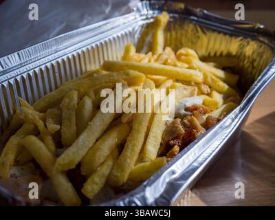 Frites croustillantes nappées de kebab grillé, arrosé de sauce crémeuse, servi dans un récipient à emporter métallique sur une surface en bois rustique Banque D'Images