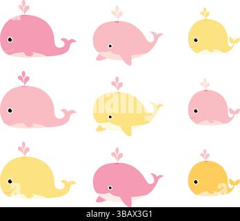 Un ensemble de baleines mignonnes dans des couleurs roses et jaunes Illustration de Vecteur